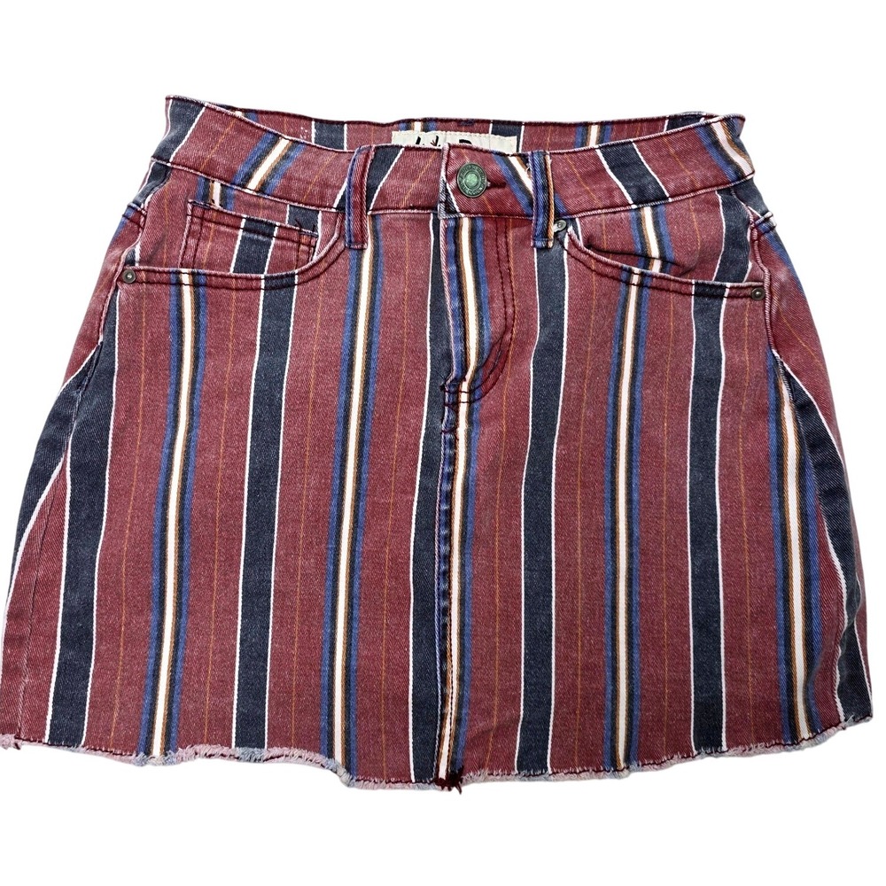Indigo‎ Rein Striped Denim Mini Skirt Raw Hem Size 5 27"
